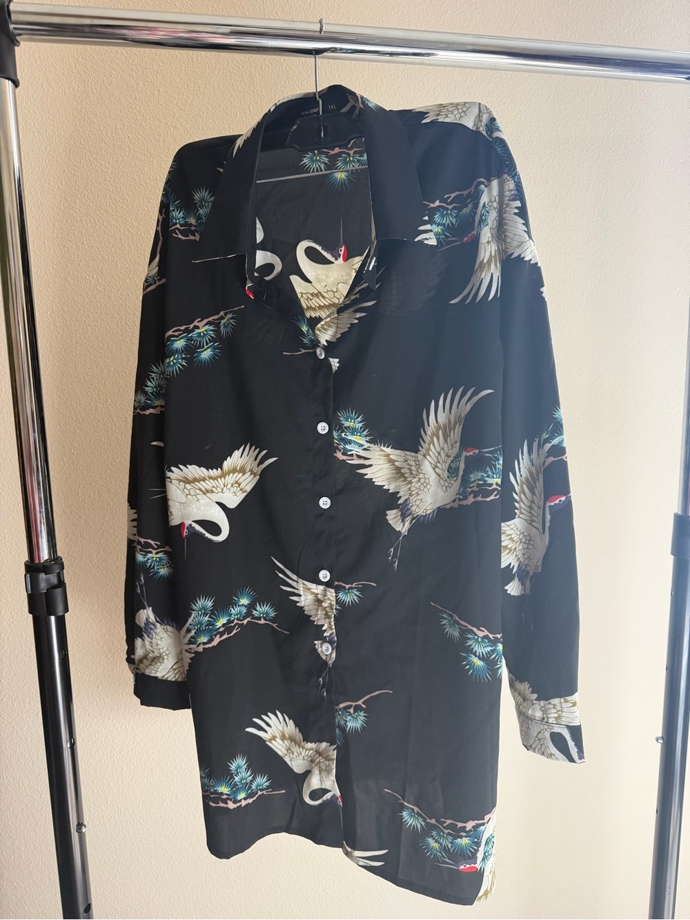 Women's Black Crane-Print Long Button Jacket